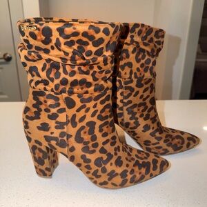 bebe Leopard Print Mid-Calf Block Heel Booties